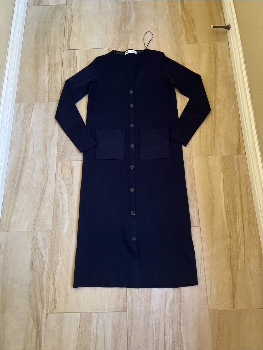 Zara Dark Navy Long-Sleeve Button-Front Knit Dress